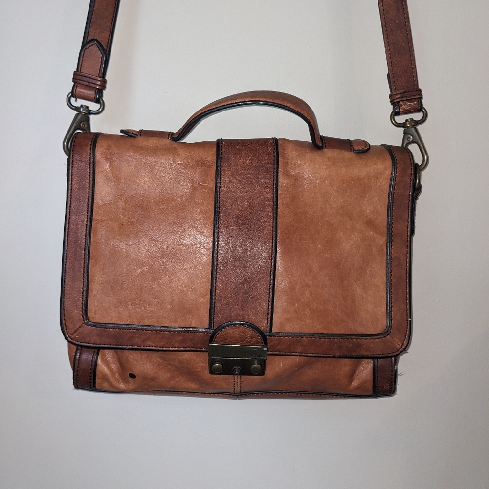 Fossil Two Tone Brown Leather Briefcase Messenger Tote Large Laptop Bag - Picture 2 of 8